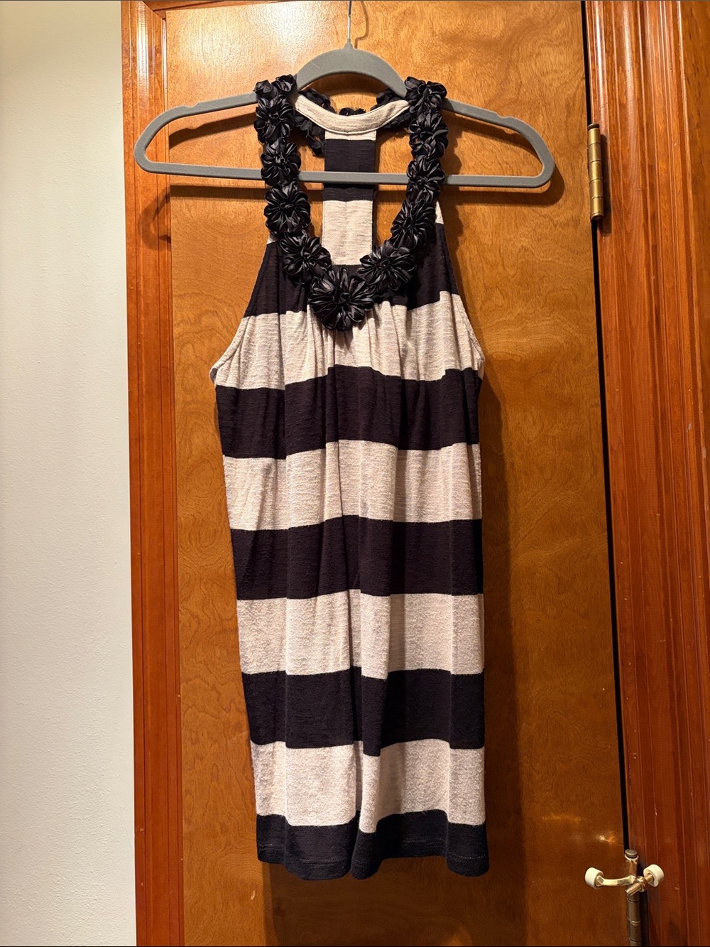 INC International Concepts Black and Cream Striped Halter Tank with Floral Trim
